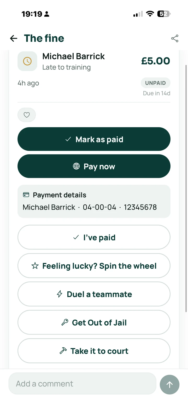 The Fine Club app, Issue a fine. The admin picks the crime and sets the damage in seconds.
