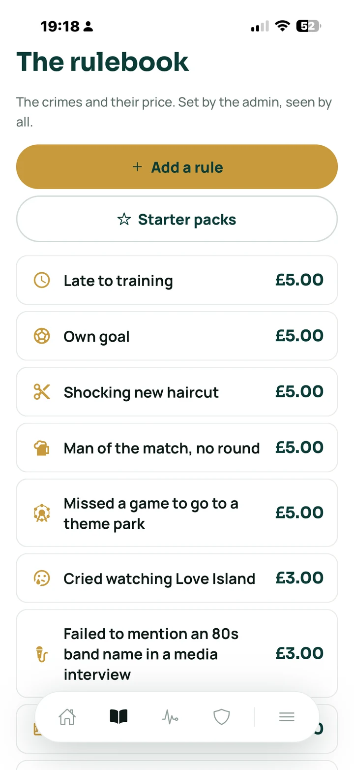 The Fine Club app, The rulebook. Every fine and its price, set by the admin.