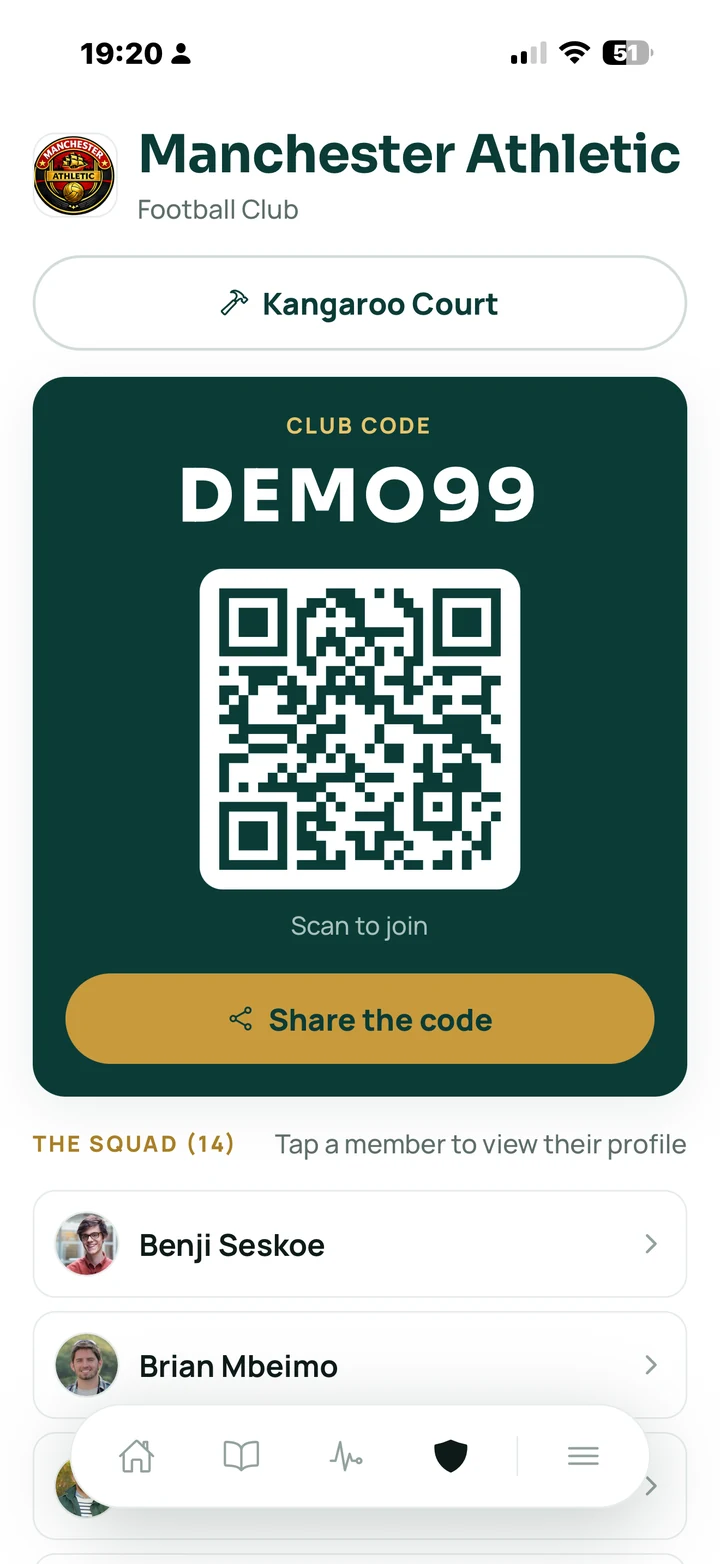 The Fine Club app, Add your squad. Share a code or QR to get the whole team in.